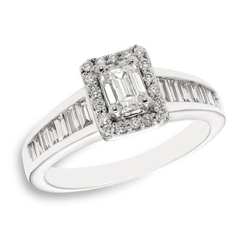 Felicity emerald-cut, baguette, and round diamond engagement ring