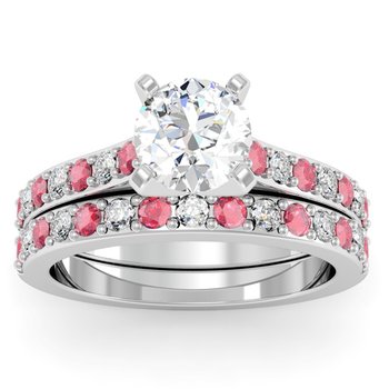 Pave Ruby & Diamond Cathedral Engagement Ring with Matching Wedding Band