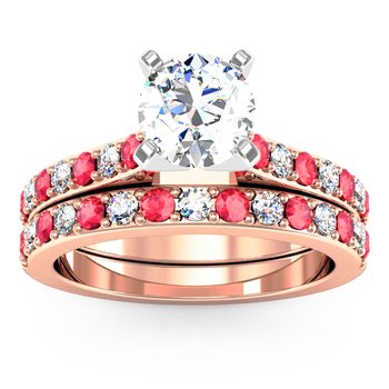 Pave Ruby & Diamond Cathedral Engagement Ring with Matching Wedding Band