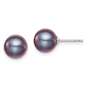 Sterling Silver Rh-plated 8-9mm Black FW Cultured Round Pearl Stud Earrings