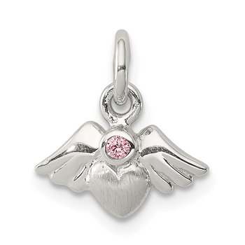 Sterling Silver Polished & Satin Heart w/Angel Wings Pink CZ Pendant