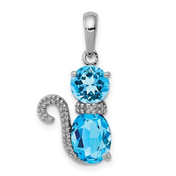 Sterling Silver Rhodium-plated Blue Topaz and Diamond Cat Pendant