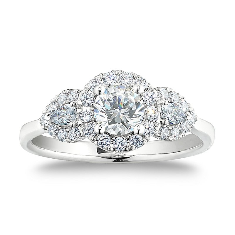 Ariel; white gold, 3-stone, round and pear-shape diamond ring