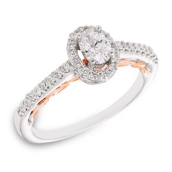 Rachel, two-tone gold and oval diamond halo engagement ring