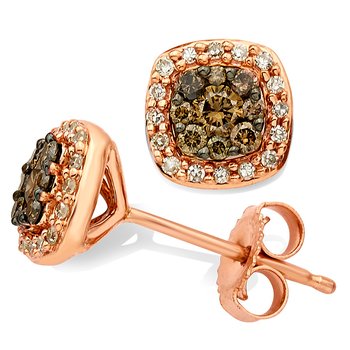 Rose gold, cushion-shape, caramel and white diamond halo stud earrings