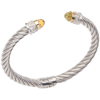 AO 12-952 FC Yellow Gold Bezel Set Faceted Citrine cabochons Twisted Cable Sterling Spring Cuff Bracelet