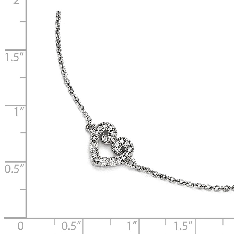Beautiful Sterling silver 925 sterling SS Rhodium-Plated CZ Brilliant Embers Heart Anklet w/1in Ext.