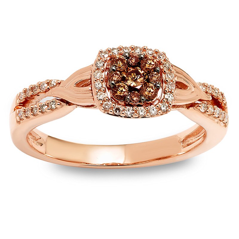 Rose gold, cushion-shape head with round caramel and white diamonds halo ring with split shank