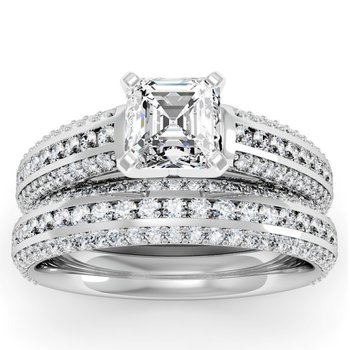 Three Row Pave & Channel Diamond Engagement Ring with Matching Wedding Band
