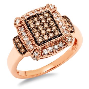 Rose gold, cushion-shape head with round caramel and white diamonds halo fashion ring
