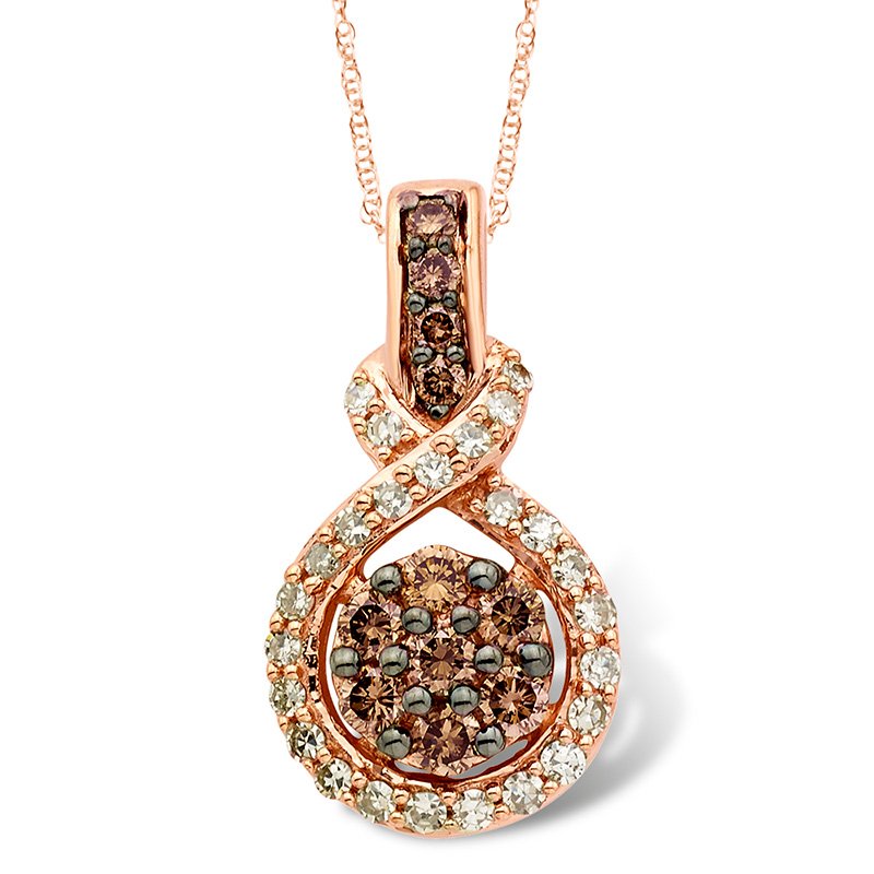 Rose gold, round diamond halo pendant with caramel and white diamonds