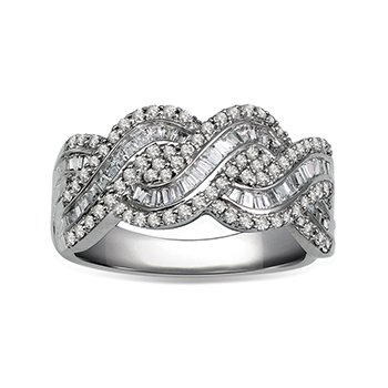 White gold, twist-style, round and baguette diamond band