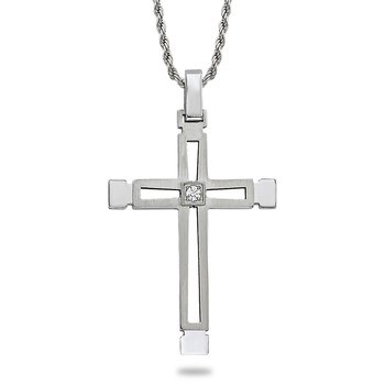 Stainless Steel, cut-out design, cross pendant with center simulated diamond