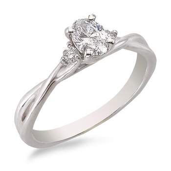 White gold, oval diamond engagement ring with twist shank