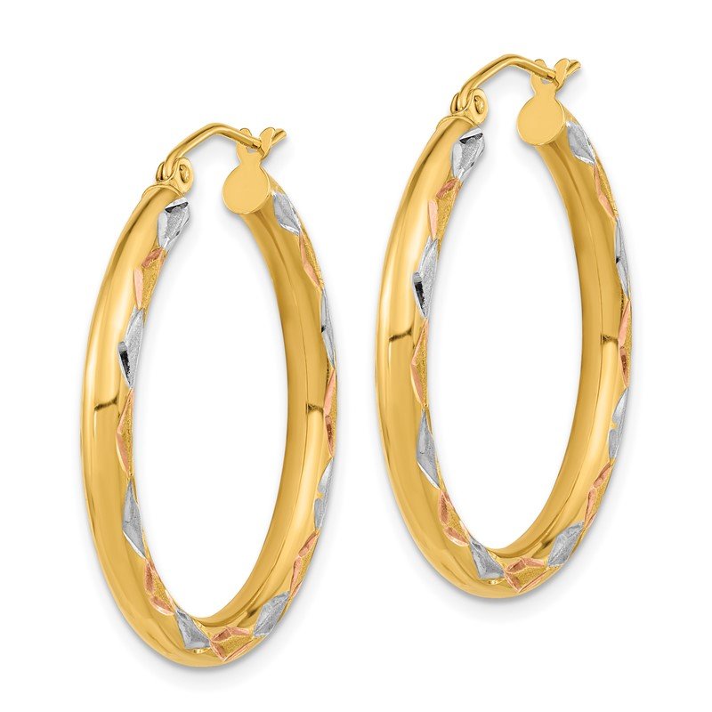 14K and Rhodium Polished and Satin Twisted Hoop Earrings 