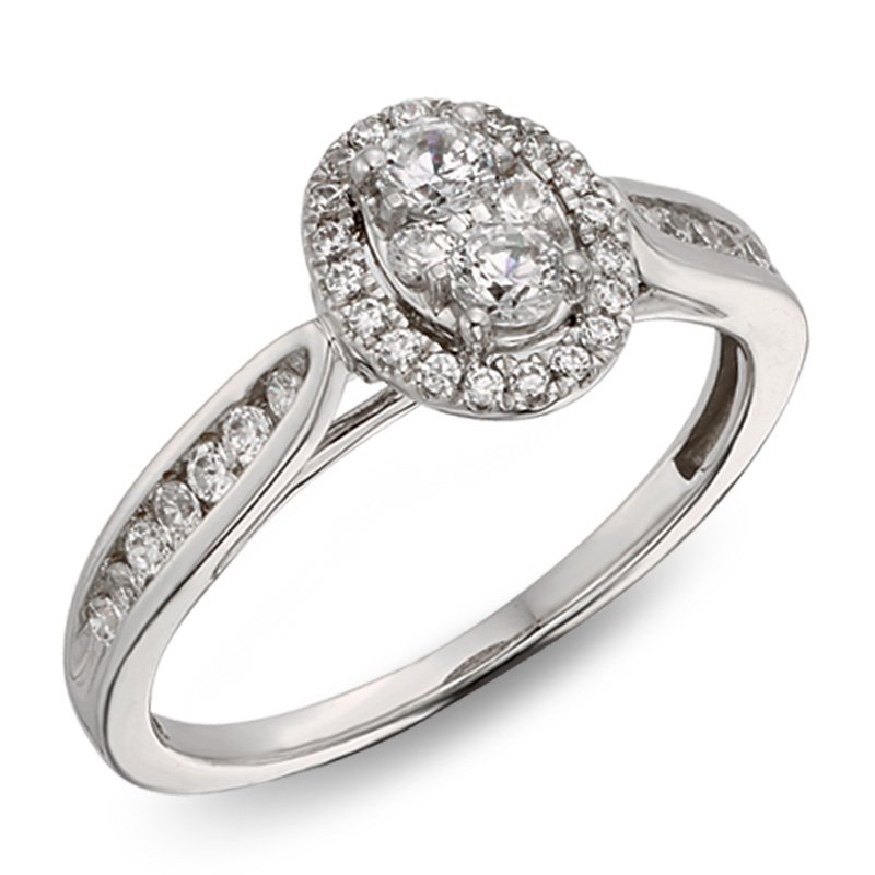 White gold, oval-shape diamond cluster halo engagement ring