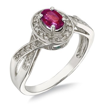 White gold, oval genuine ruby and diamond halo ring with crossed shank