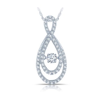 White gold, double loop diamond pendant with round, twinkling diamond
