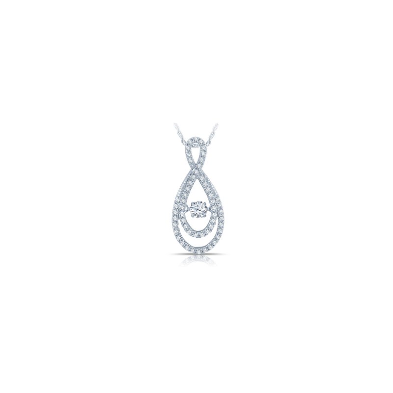 White gold, double loop diamond pendant with round, twinkling diamond