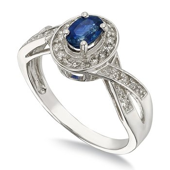 White gold, oval genuine sapphire and diamond halo ring with crossed shank