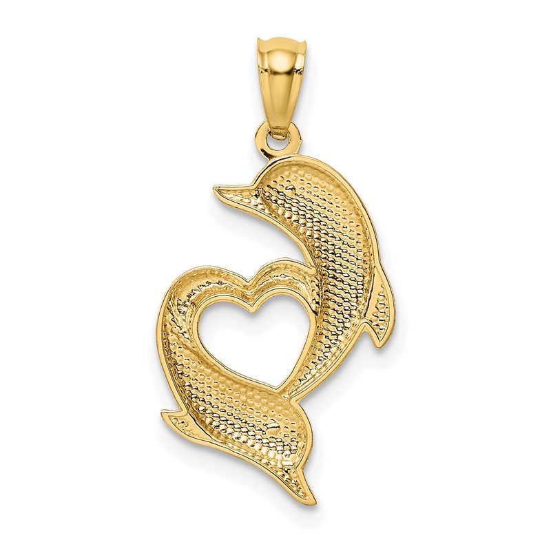 14K Yellow Gold Shiny-Cut Satin & Polished Dolphins Heart Pendant