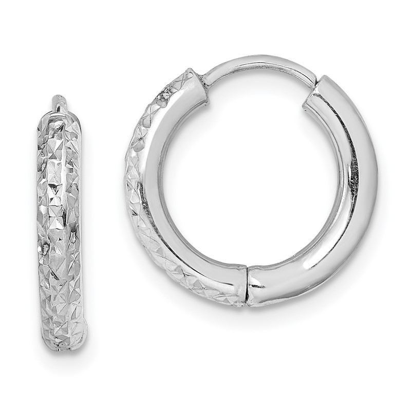 Sterling Silver Rhodium-plated Diamond-cut Hinged Hoop Earrings