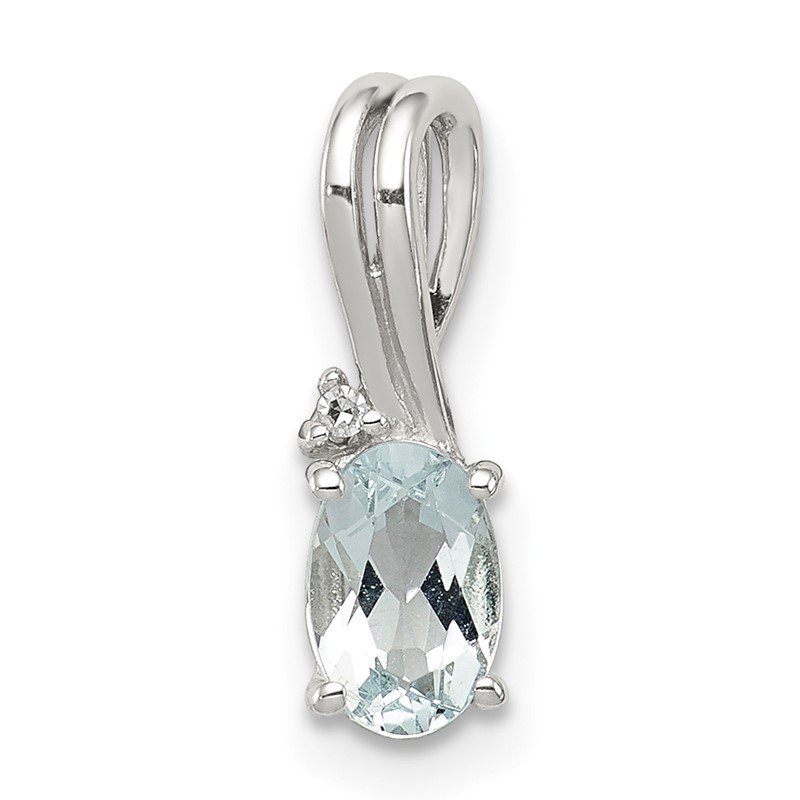 Sterling Silver Rhodium Plated Diamond Aquamarine Oval Pendant 