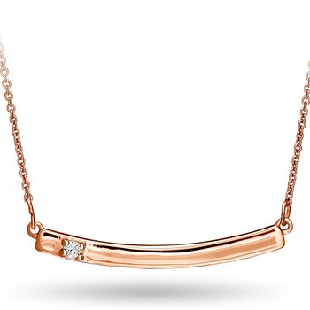 Rose gold and round diamond solitaire curved bar necklace