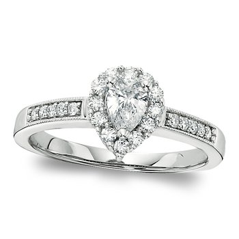 White gold, pear diamond halo beaded engagement ring
