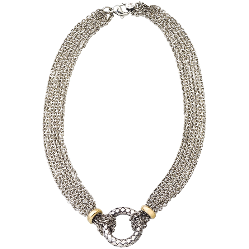 Alisa VHN 684 Sterling Multi Strand Rollo Necklace, Round Traversa Circle Center with 2 Yellow Gold Rondelles VHN 684