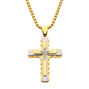 18K Gold IP Layered Cross Pendant with CNC Set Clear CZ, with Box Chain SSP428GPNK