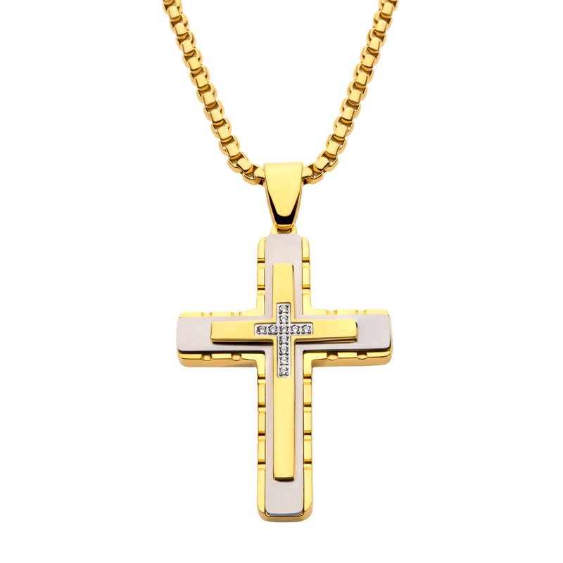 INOX Jewelry 18K Gold IP Layered Cross Pendant with CNC Set Clear CZ, with Box Chain