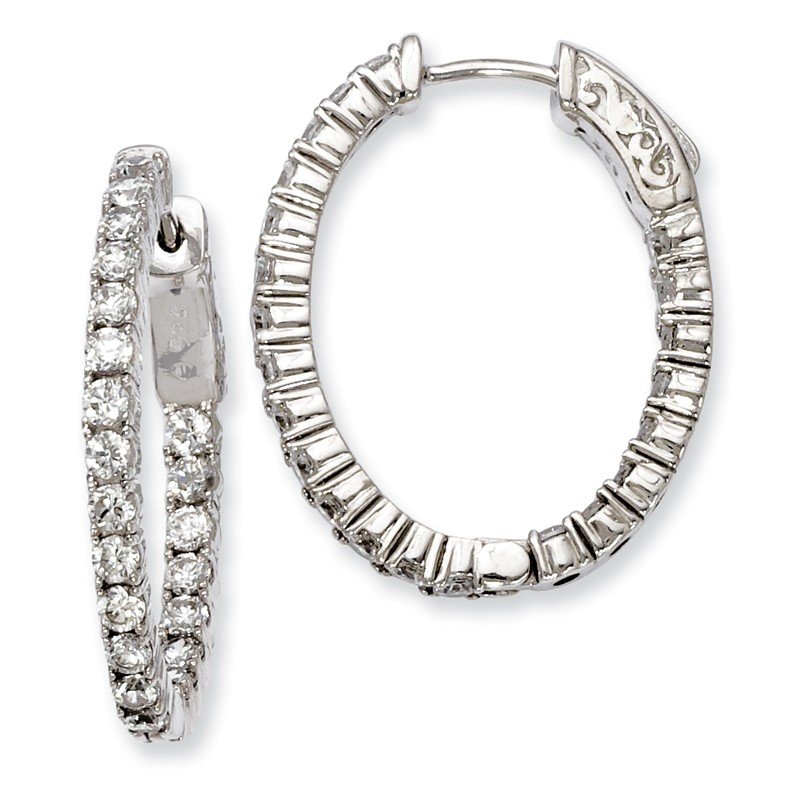 Sterling Silver Rhodium-plated CZ Hinged Oval Hoop Earrings 
