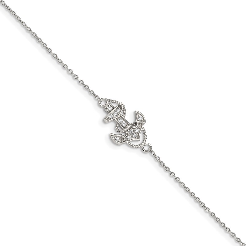 Sterling Silver Polished CZ Anchor Pendant