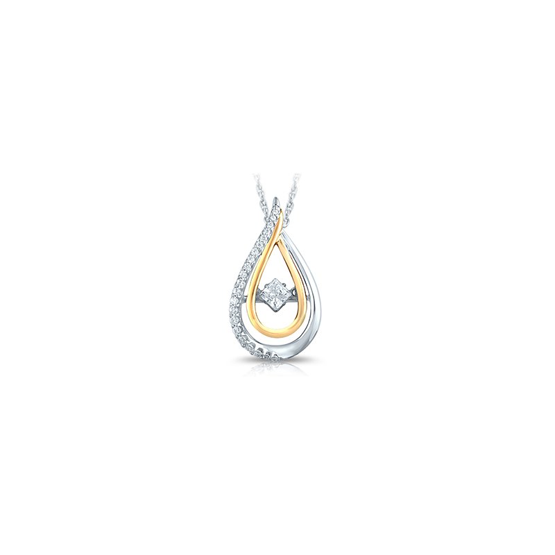Two-tone gold, tear-drop-shape pendant with twinkling princess diamond