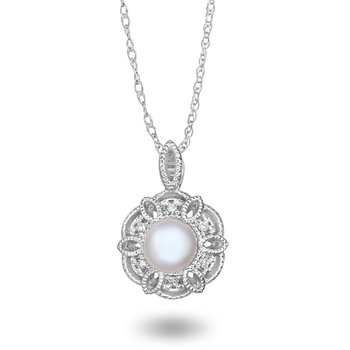White gold, vintage-inspired, cultured pearl and diamond pendant