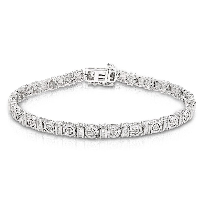Sterling silver bracelet with round and baguette diamonds